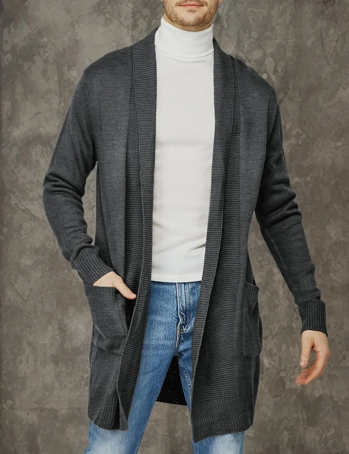 H2H Mens Casual Comfortable Fit Ruffle Shawl Collar Knitted Open Front Long Length Sweater Cardigan