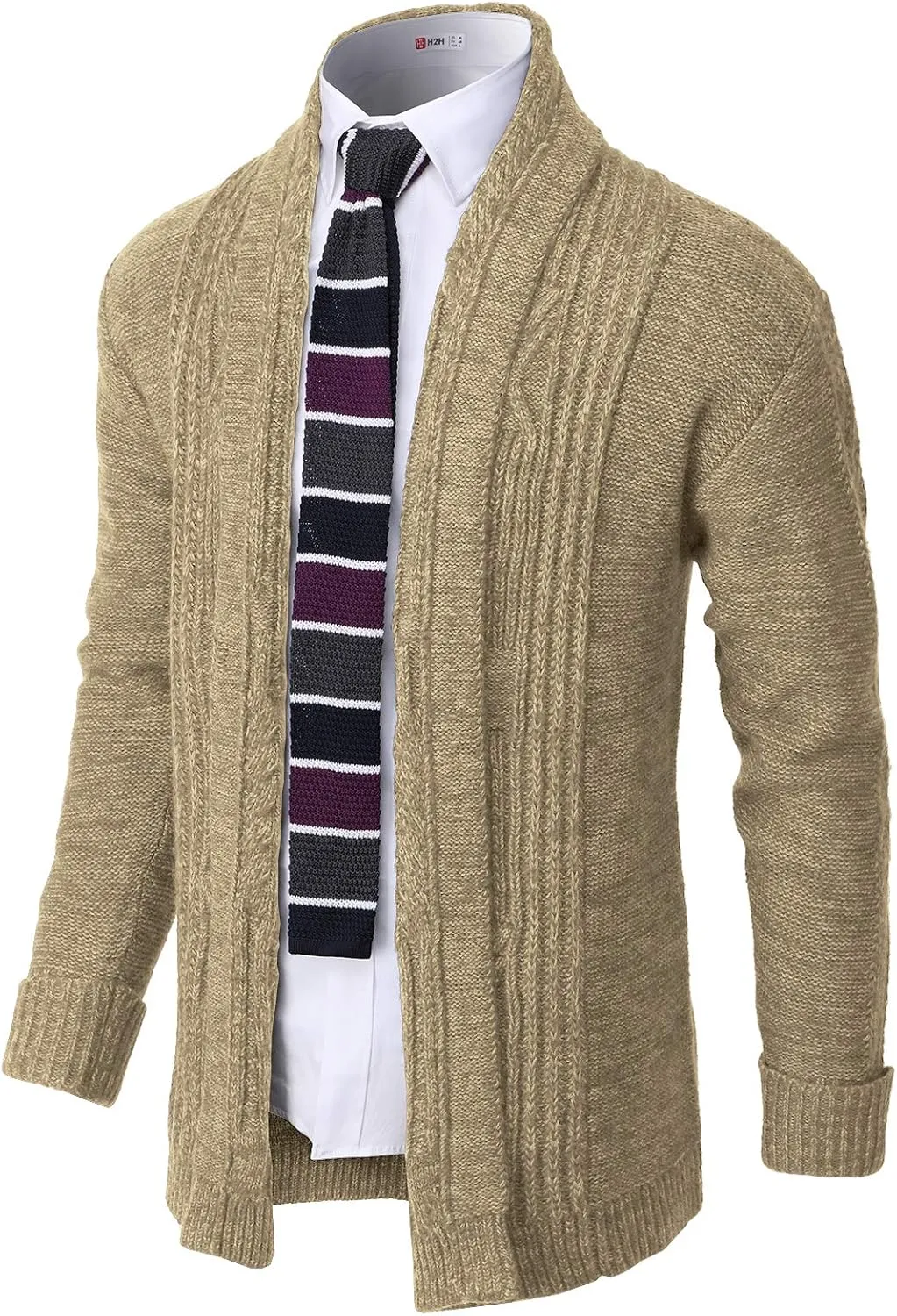 H2H Mens Casual Comfortable Fit Ruffle Shawl Collar Knitted Open Front Long Length Sweater Cardigan