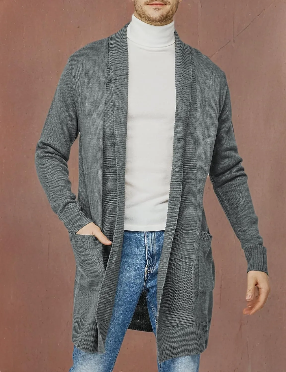 H2H Mens Casual Comfortable Fit Ruffle Shawl Collar Knitted Open Front Long Length Sweater Cardigan