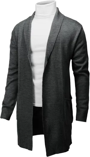 H2H Mens Casual Comfortable Fit Ruffle Shawl Collar Knitted Open Front Long Length Sweater Cardigan