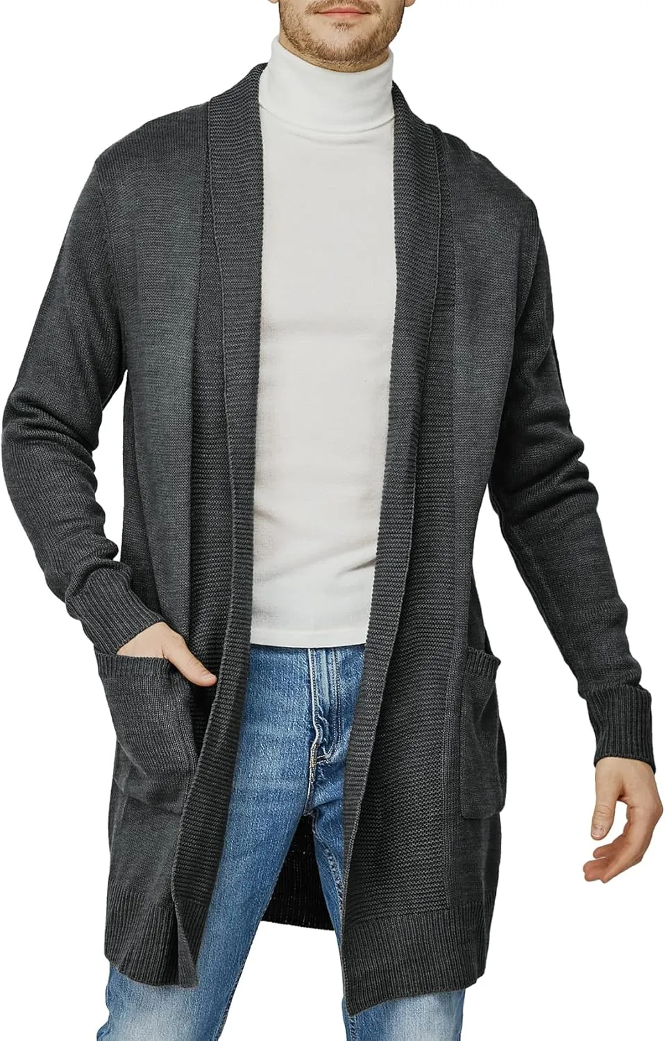 H2H Mens Casual Comfortable Fit Ruffle Shawl Collar Knitted Open Front Long Length Sweater Cardigan