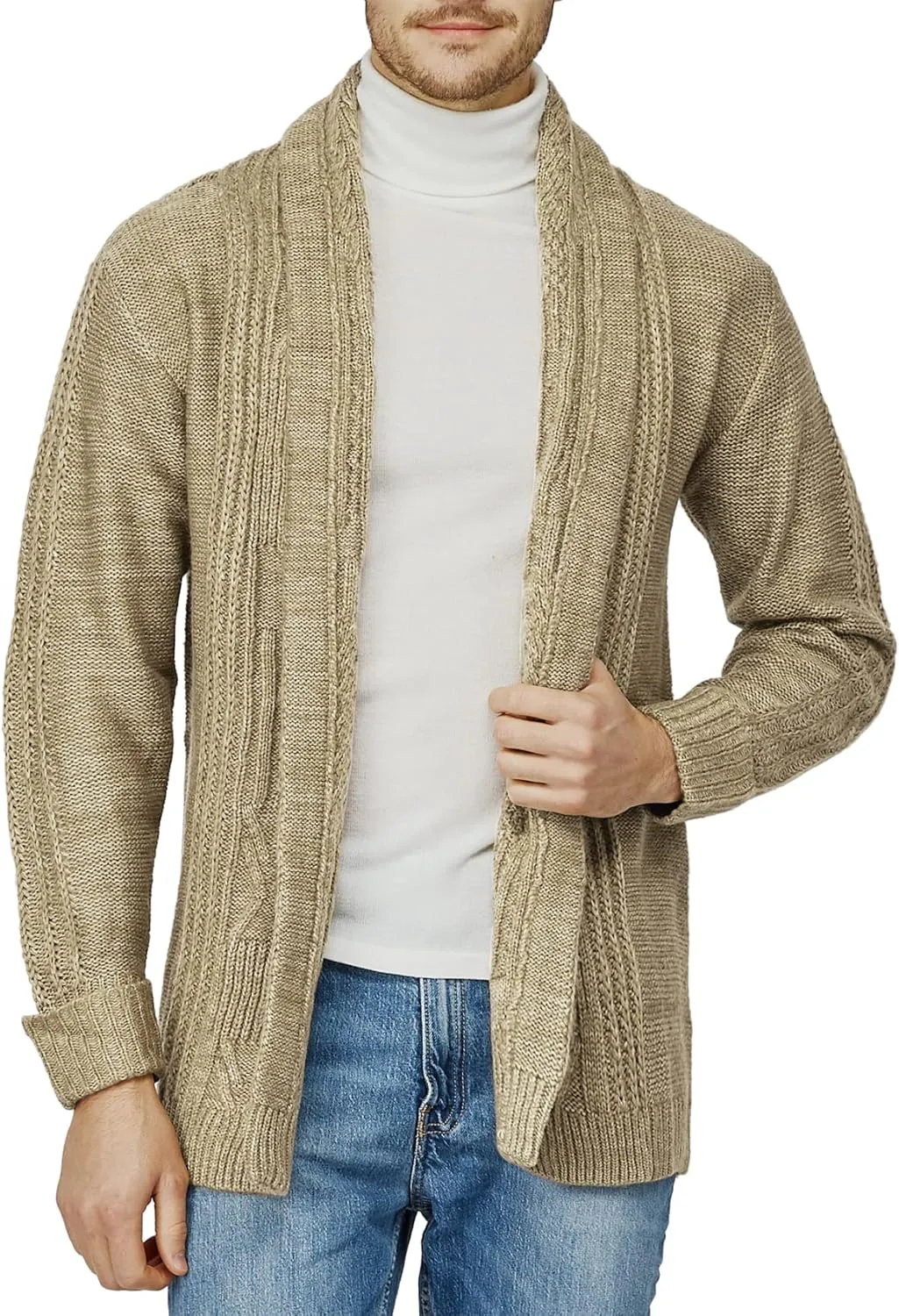 H2H Mens Casual Comfortable Fit Ruffle Shawl Collar Knitted Open Front Long Length Sweater Cardigan