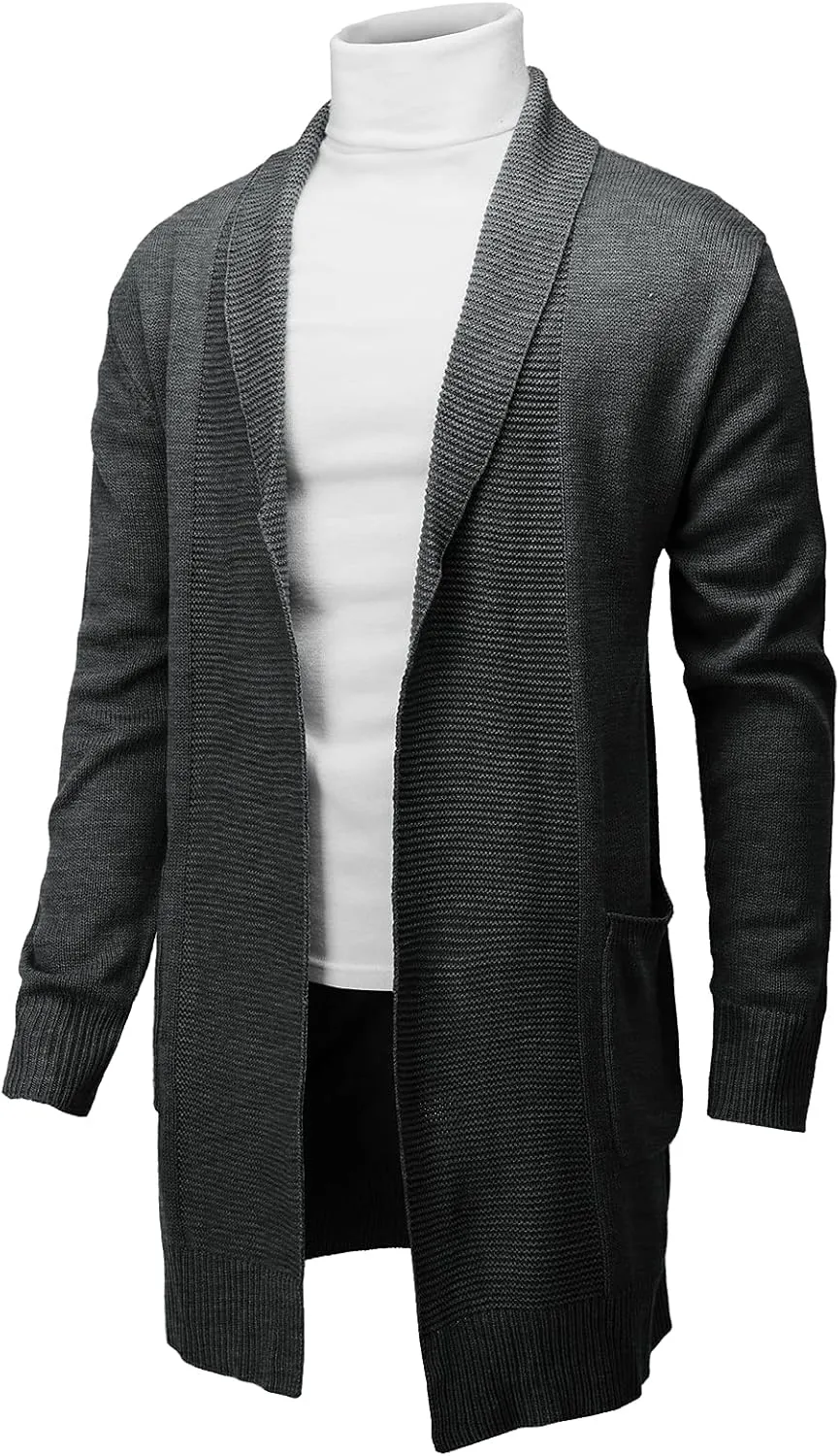 H2H Mens Casual Comfortable Fit Ruffle Shawl Collar Knitted Open Front Long Length Sweater Cardigan