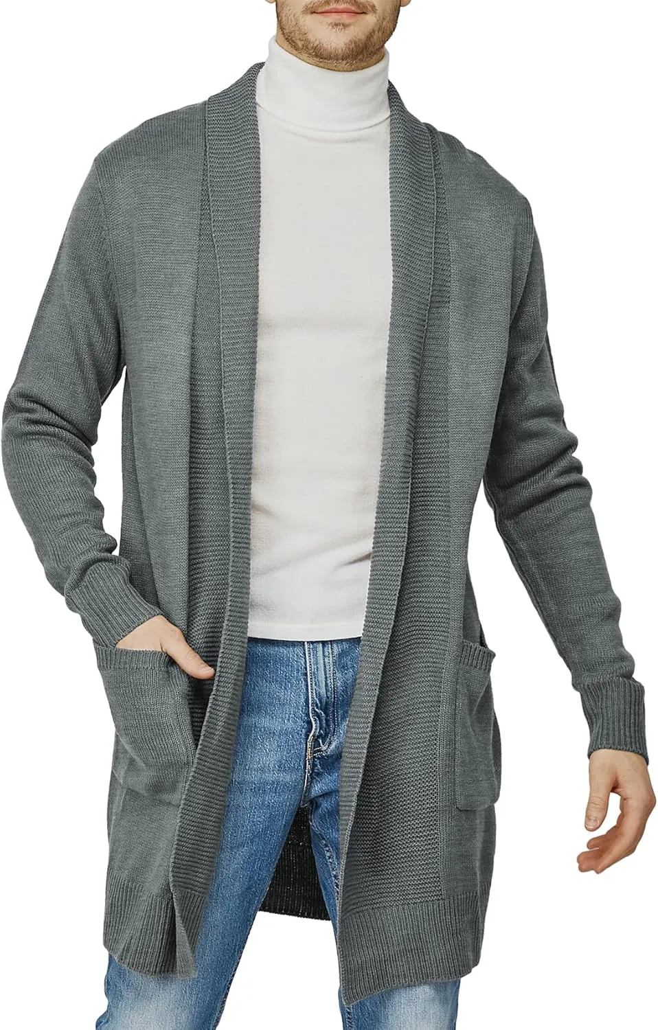 H2H Mens Casual Comfortable Fit Ruffle Shawl Collar Knitted Open Front Long Length Sweater Cardigan