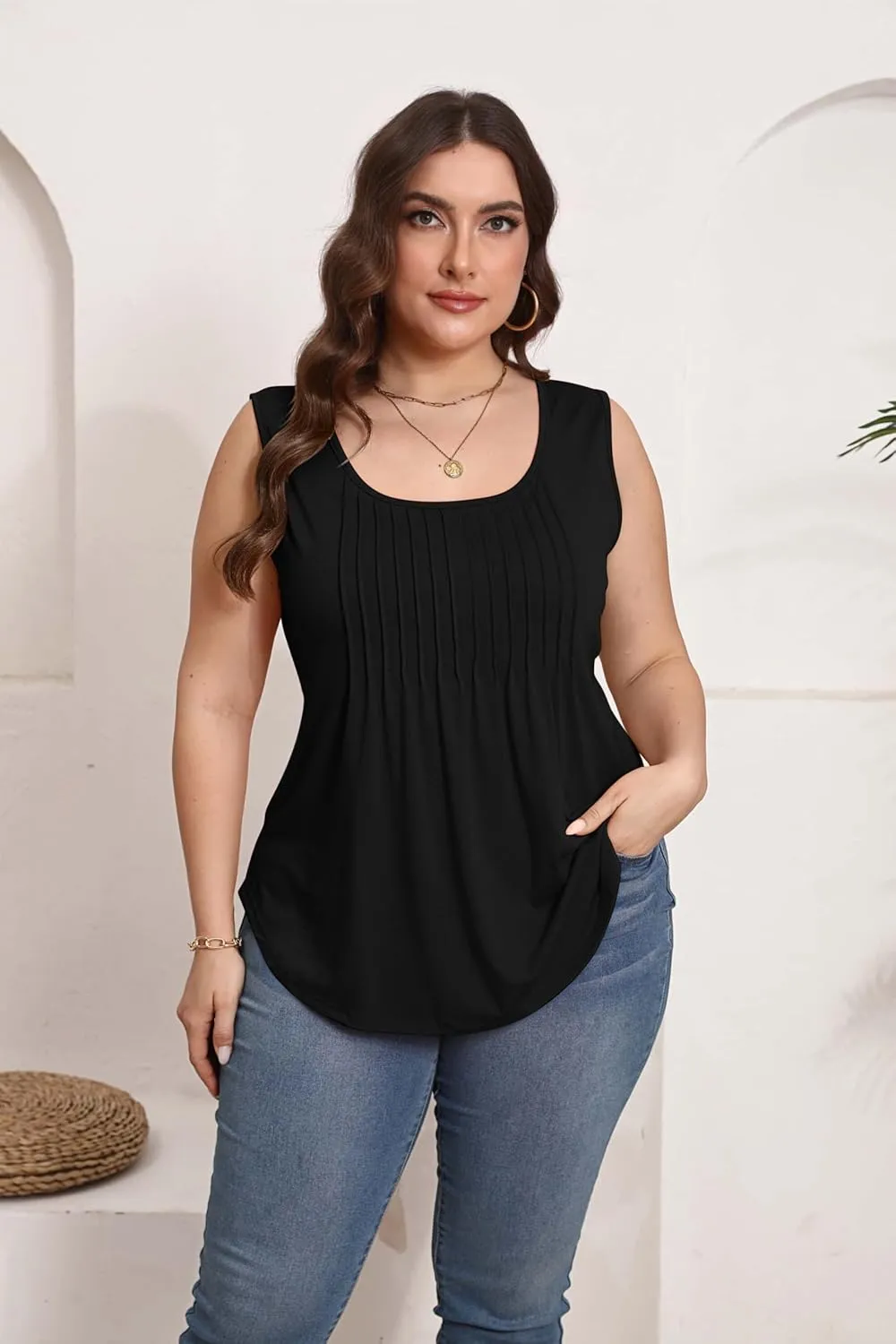 HBEYYTO Women Plus Size Tank Tops Casual Sleeveless Crew Neck Pleated Front Flowy Loose Camisoles Cami Shirts Blouses 1X-5X