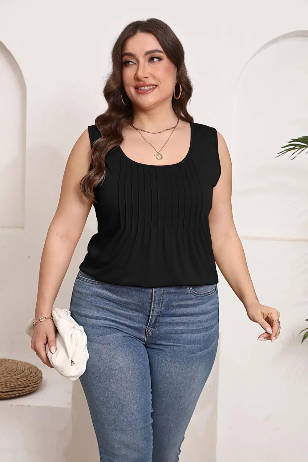 HBEYYTO Women Plus Size Tank Tops Casual Sleeveless Crew Neck Pleated Front Flowy Loose Camisoles Cami Shirts Blouses 1X-5X