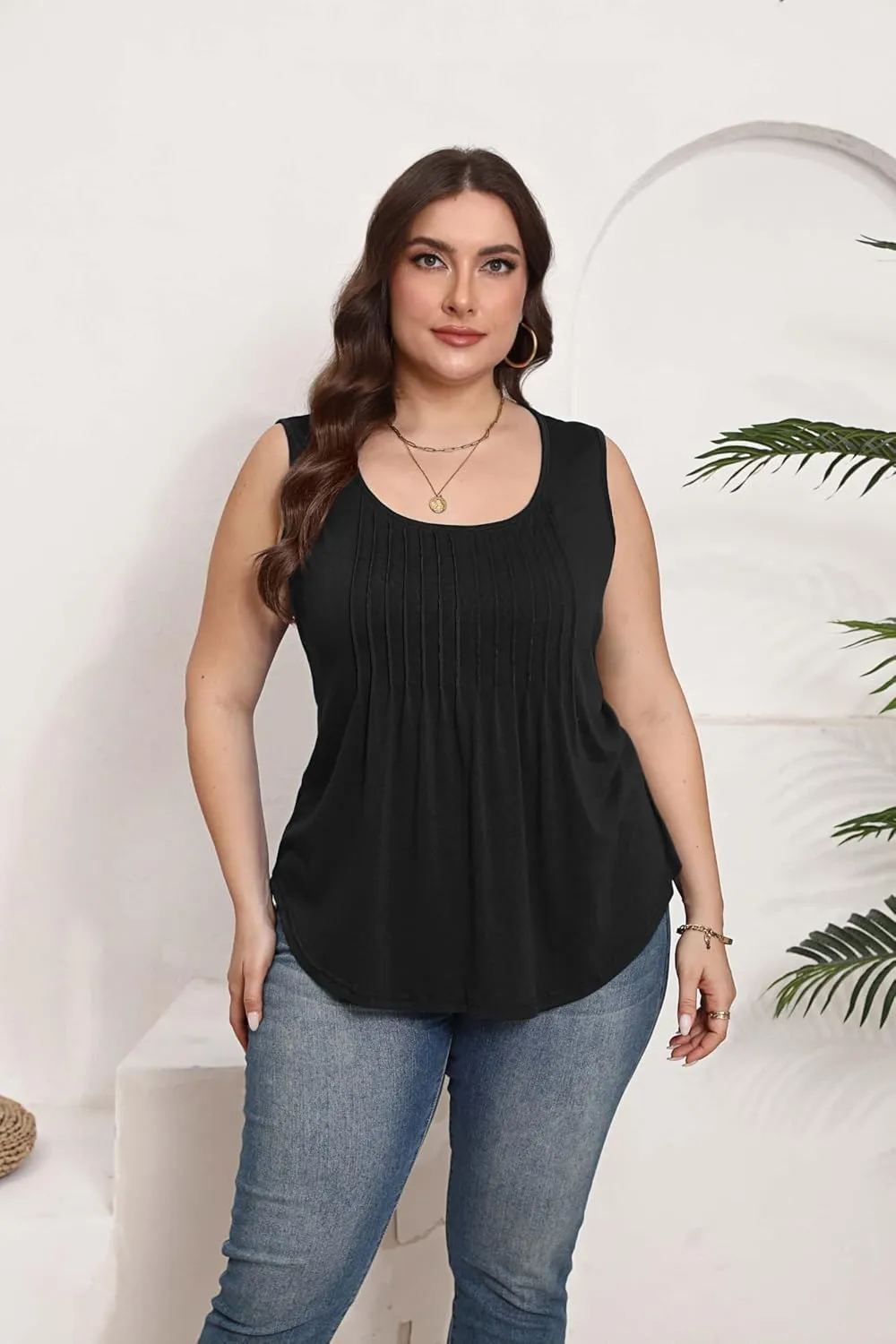 HBEYYTO Women Plus Size Tank Tops Casual Sleeveless Crew Neck Pleated Front Flowy Loose Camisoles Cami Shirts Blouses 1X-5X