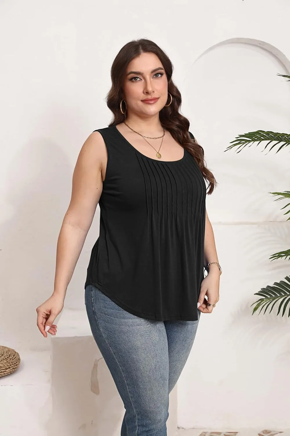 HBEYYTO Women Plus Size Tank Tops Casual Sleeveless Crew Neck Pleated Front Flowy Loose Camisoles Cami Shirts Blouses 1X-5X
