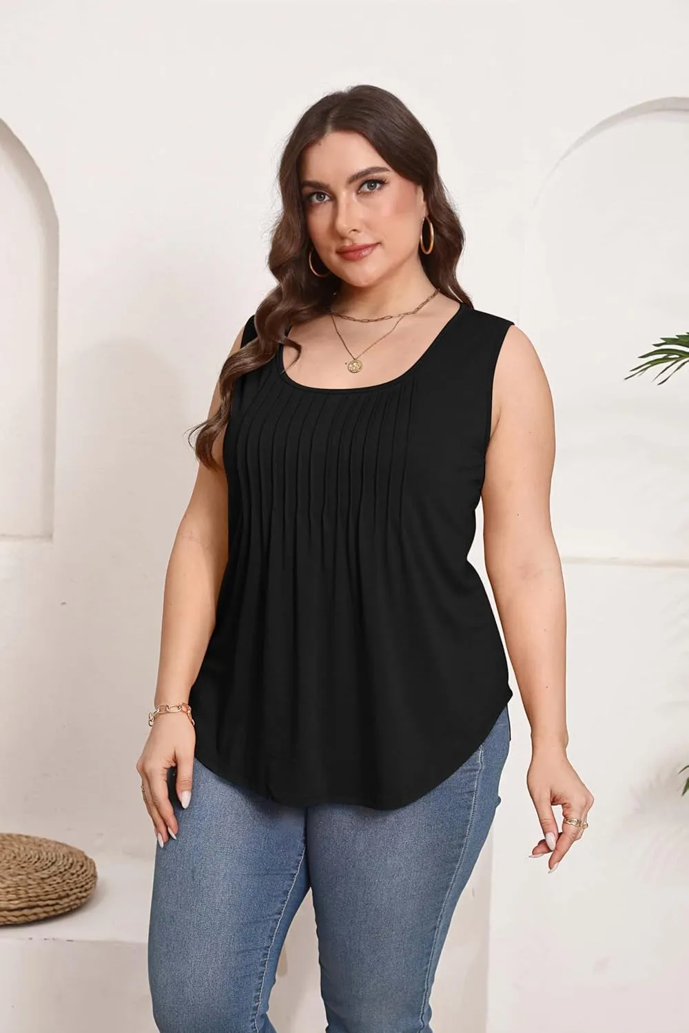 HBEYYTO Women Plus Size Tank Tops Casual Sleeveless Crew Neck Pleated Front Flowy Loose Camisoles Cami Shirts Blouses 1X-5X