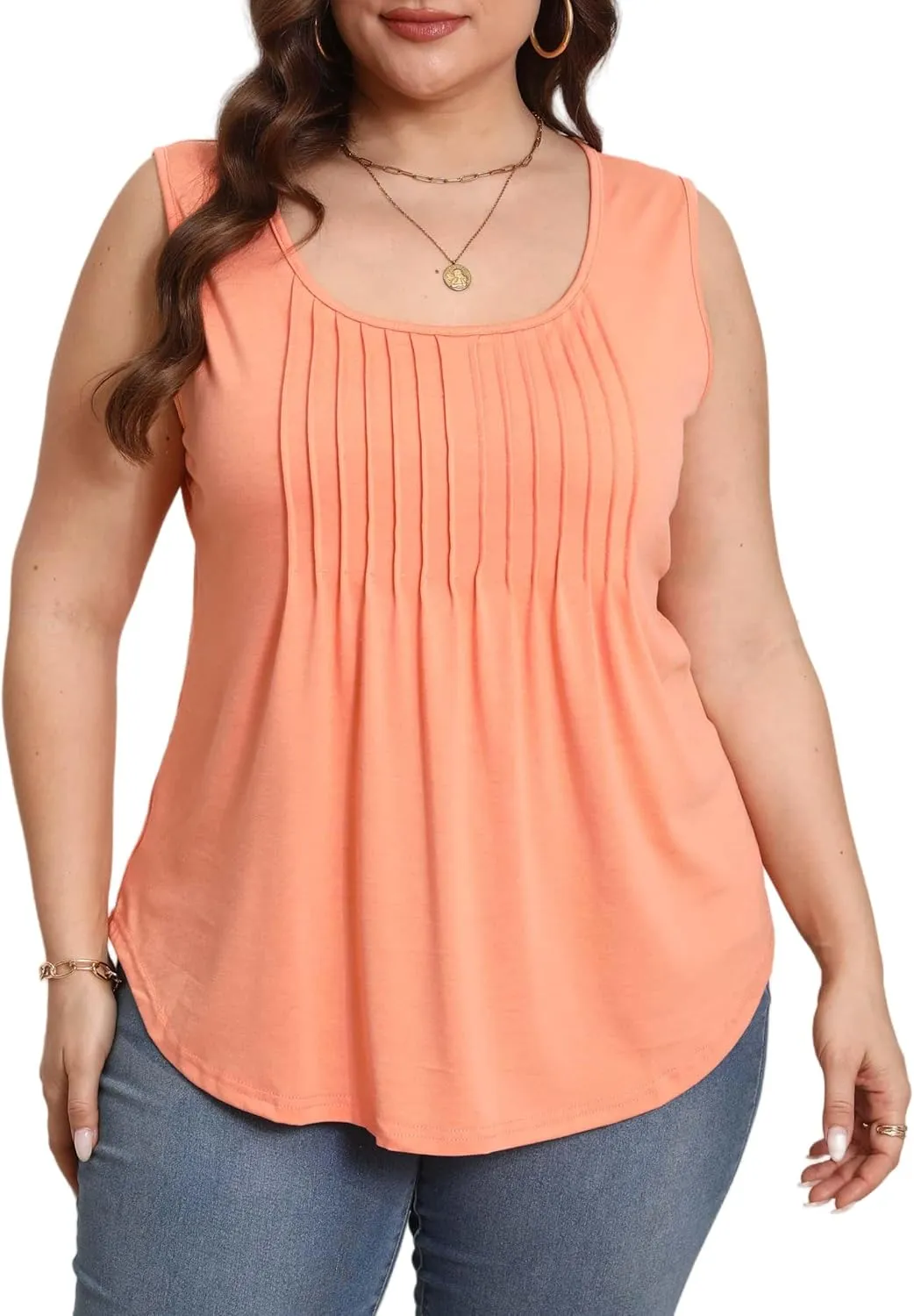 HBEYYTO Women Plus Size Tank Tops Casual Sleeveless Crew Neck Pleated Front Flowy Loose Camisoles Cami Shirts Blouses 1X-5X