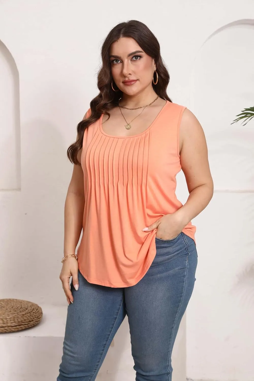 HBEYYTO Women Plus Size Tank Tops Casual Sleeveless Crew Neck Pleated Front Flowy Loose Camisoles Cami Shirts Blouses 1X-5X