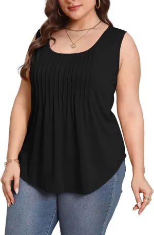 HBEYYTO Women Plus Size Tank Tops Casual Sleeveless Crew Neck Pleated Front Flowy Loose Camisoles Cami Shirts Blouses 1X-5X