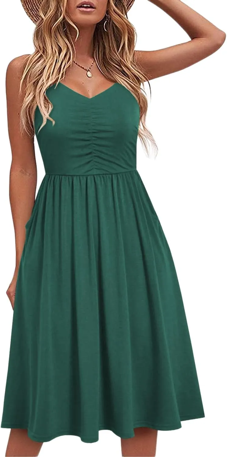 HipGlamp Women's Summer Casual Dress Sleeveless V Neck Beach Sundresses A Line Spaghetti Strap Midi Dress with Pockets