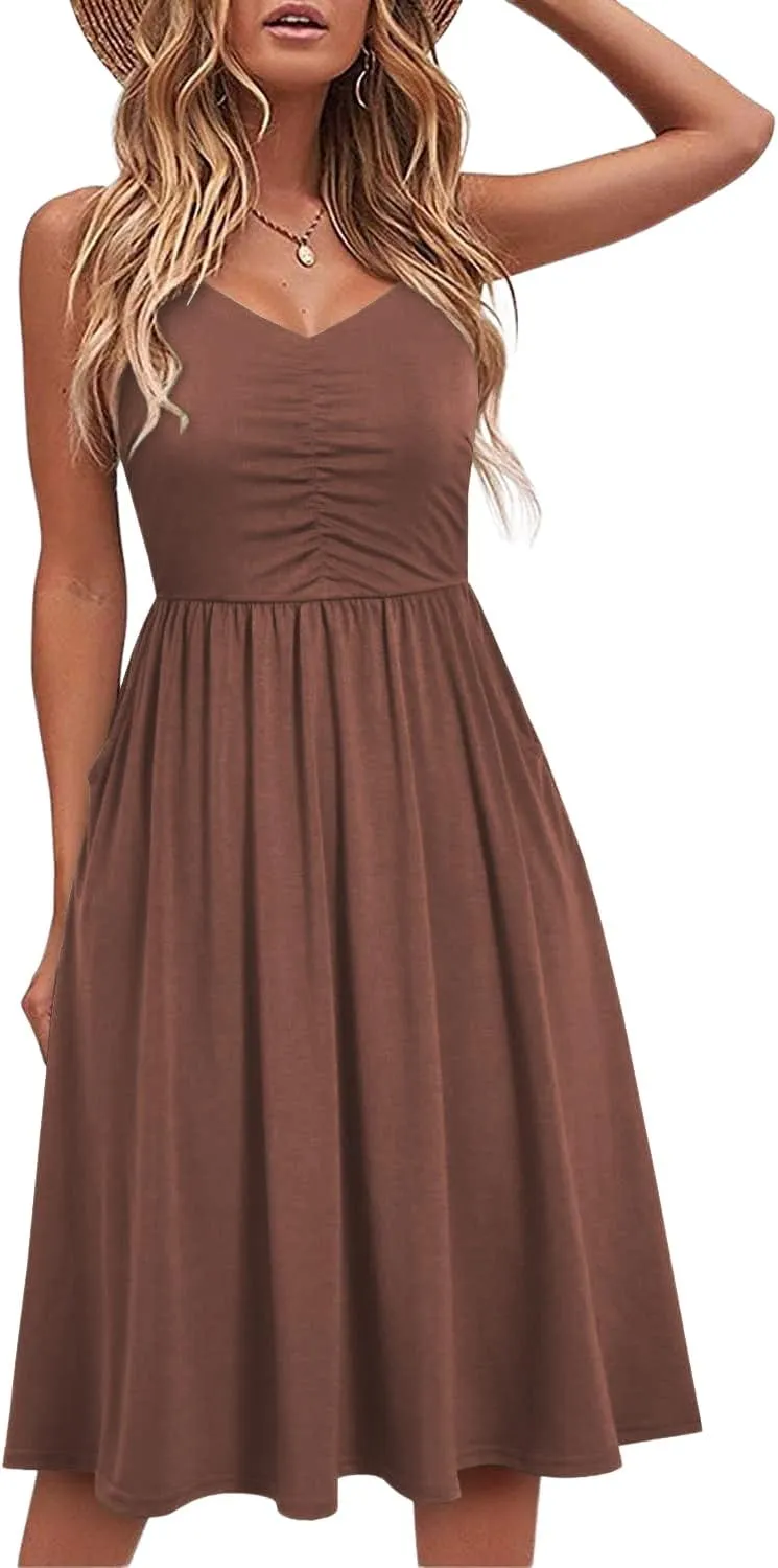 HipGlamp Women's Summer Casual Dress Sleeveless V Neck Beach Sundresses A Line Spaghetti Strap Midi Dress with Pockets