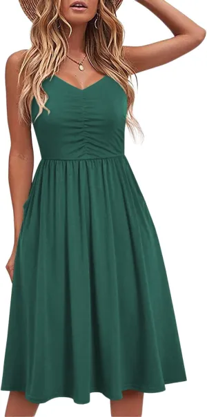 HipGlamp Women's Summer Casual Dress Sleeveless V Neck Beach Sundresses A Line Spaghetti Strap Midi Dress with Pockets