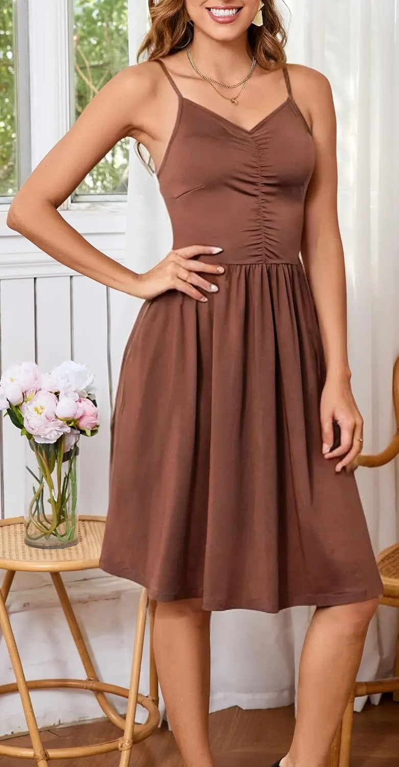 HipGlamp Women's Summer Casual Dress Sleeveless V Neck Beach Sundresses A Line Spaghetti Strap Midi Dress with Pockets