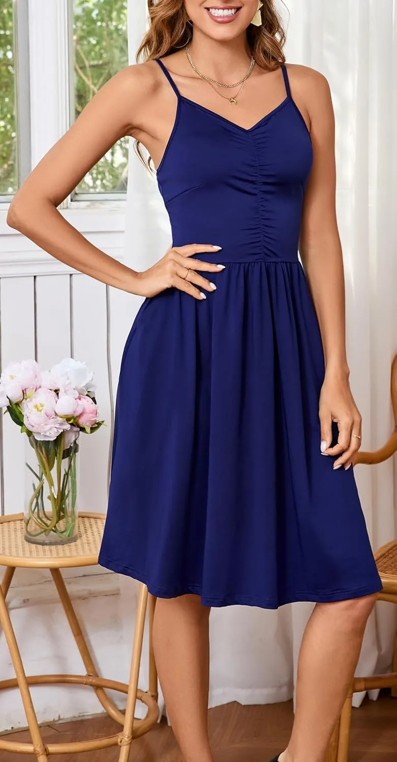 HipGlamp Women's Summer Casual Dress Sleeveless V Neck Beach Sundresses A Line Spaghetti Strap Midi Dress with Pockets