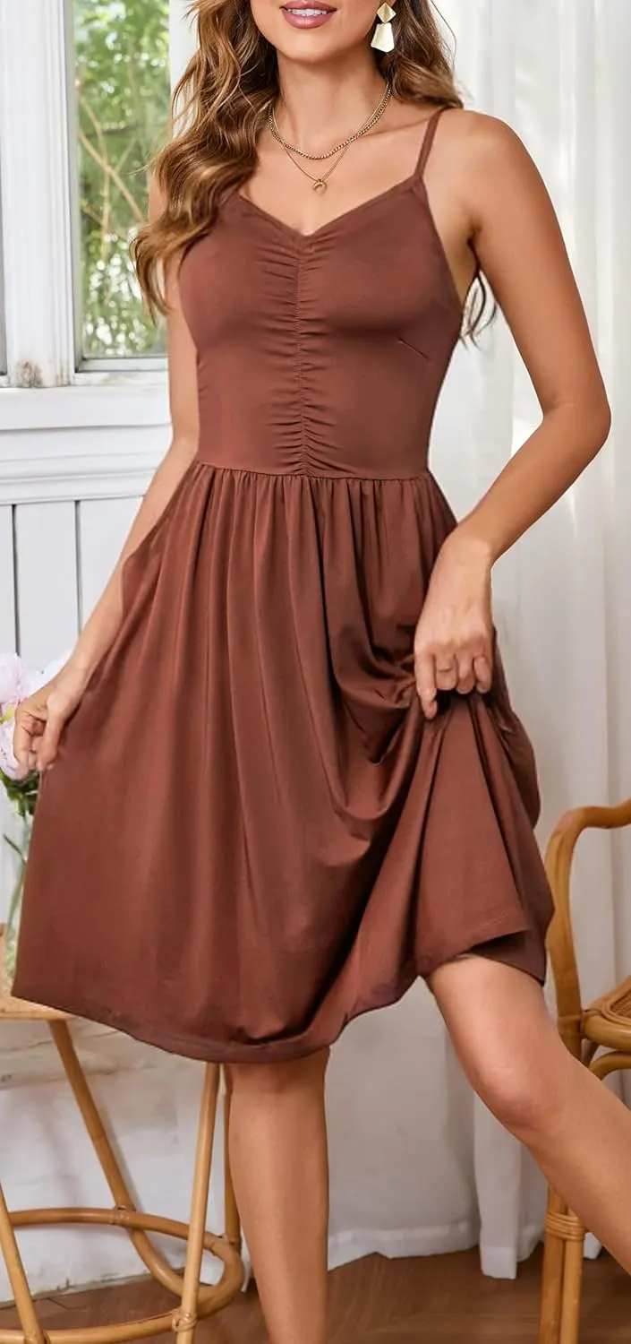 HipGlamp Women's Summer Casual Dress Sleeveless V Neck Beach Sundresses A Line Spaghetti Strap Midi Dress with Pockets