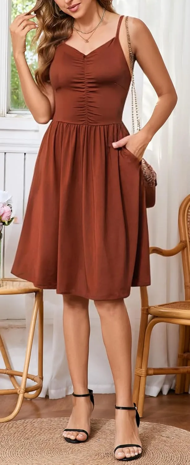 HipGlamp Women's Summer Casual Dress Sleeveless V Neck Beach Sundresses A Line Spaghetti Strap Midi Dress with Pockets