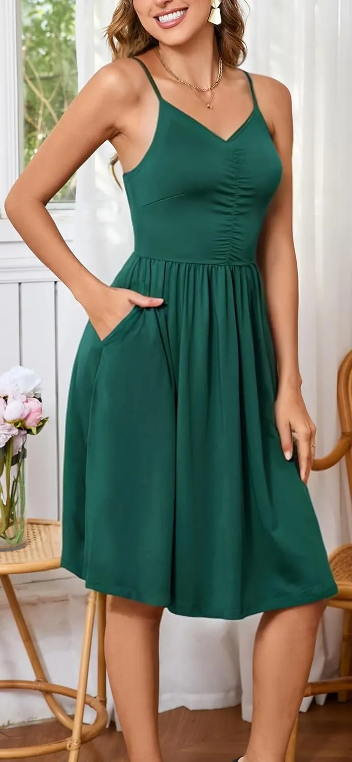HipGlamp Women's Summer Casual Dress Sleeveless V Neck Beach Sundresses A Line Spaghetti Strap Midi Dress with Pockets