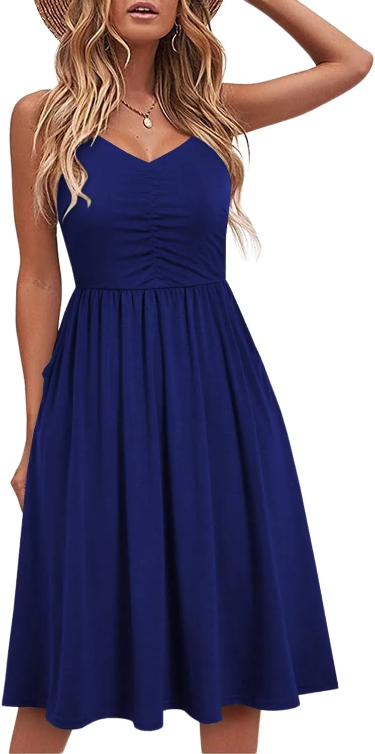 HipGlamp Women's Summer Casual Dress Sleeveless V Neck Beach Sundresses A Line Spaghetti Strap Midi Dress with Pockets