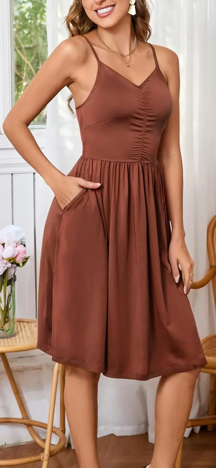 HipGlamp Women's Summer Casual Dress Sleeveless V Neck Beach Sundresses A Line Spaghetti Strap Midi Dress with Pockets