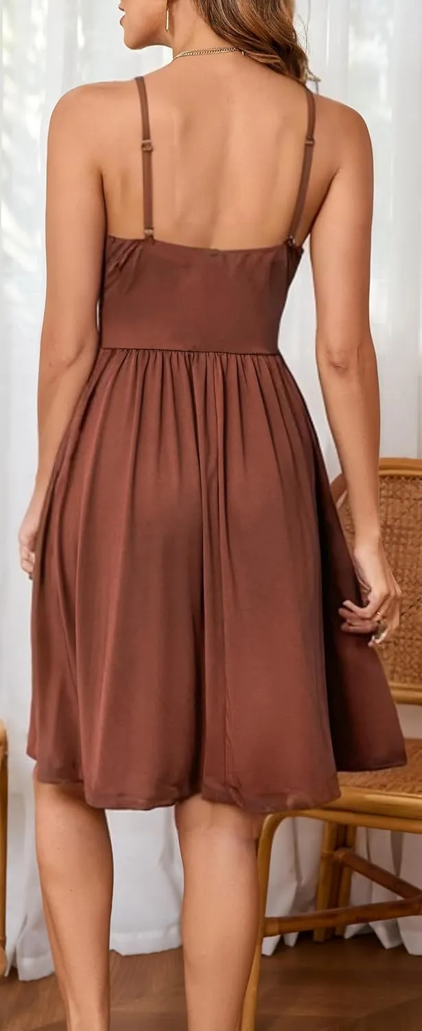 HipGlamp Women's Summer Casual Dress Sleeveless V Neck Beach Sundresses A Line Spaghetti Strap Midi Dress with Pockets