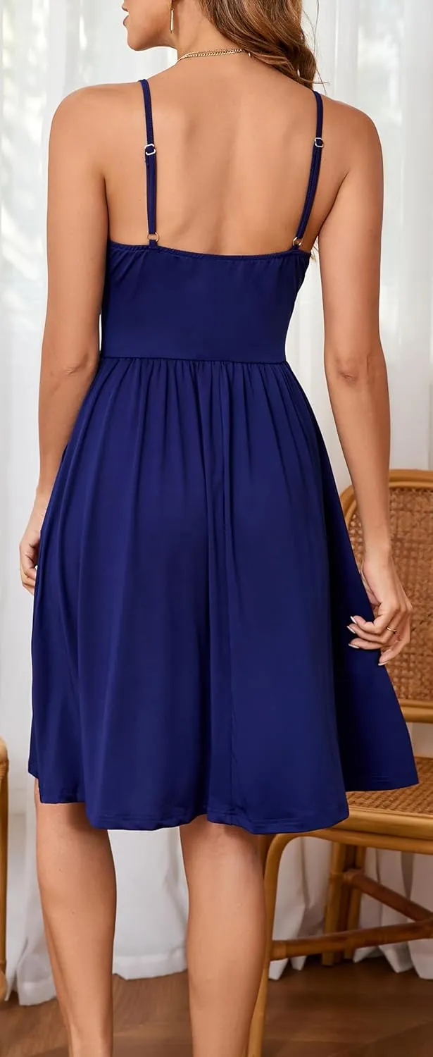 HipGlamp Women's Summer Casual Dress Sleeveless V Neck Beach Sundresses A Line Spaghetti Strap Midi Dress with Pockets