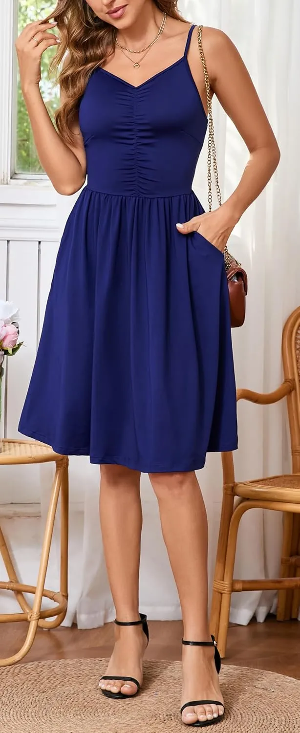 HipGlamp Women's Summer Casual Dress Sleeveless V Neck Beach Sundresses A Line Spaghetti Strap Midi Dress with Pockets