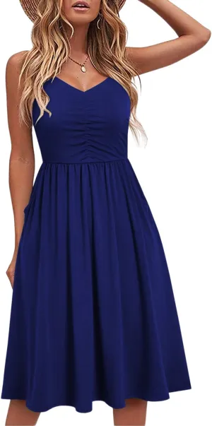 HipGlamp Women's Summer Casual Dress Sleeveless V Neck Beach Sundresses A Line Spaghetti Strap Midi Dress with Pockets