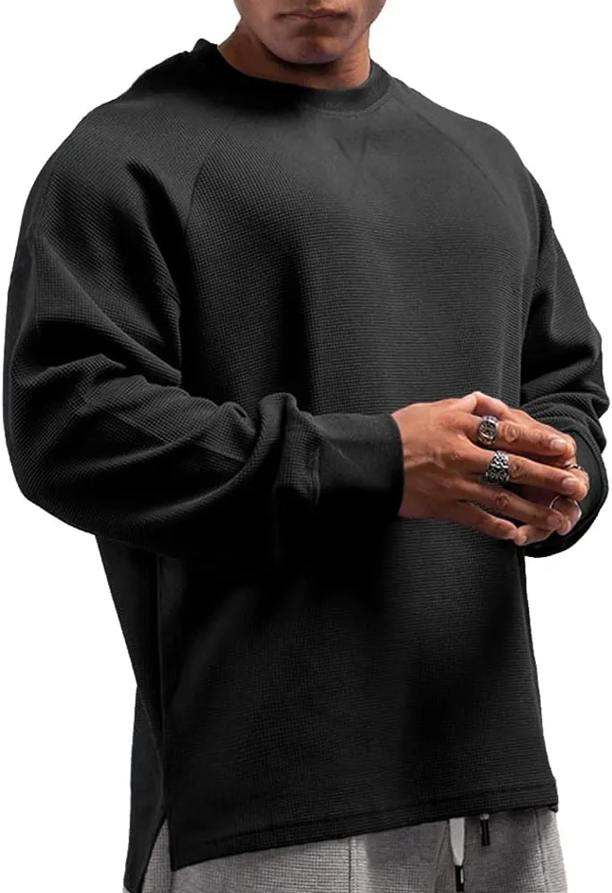 JEEING GEAR Men's Basic Long Sleeve Waffle Sweatshirt Loose Fit Workout Pullover Crewneck Shirt