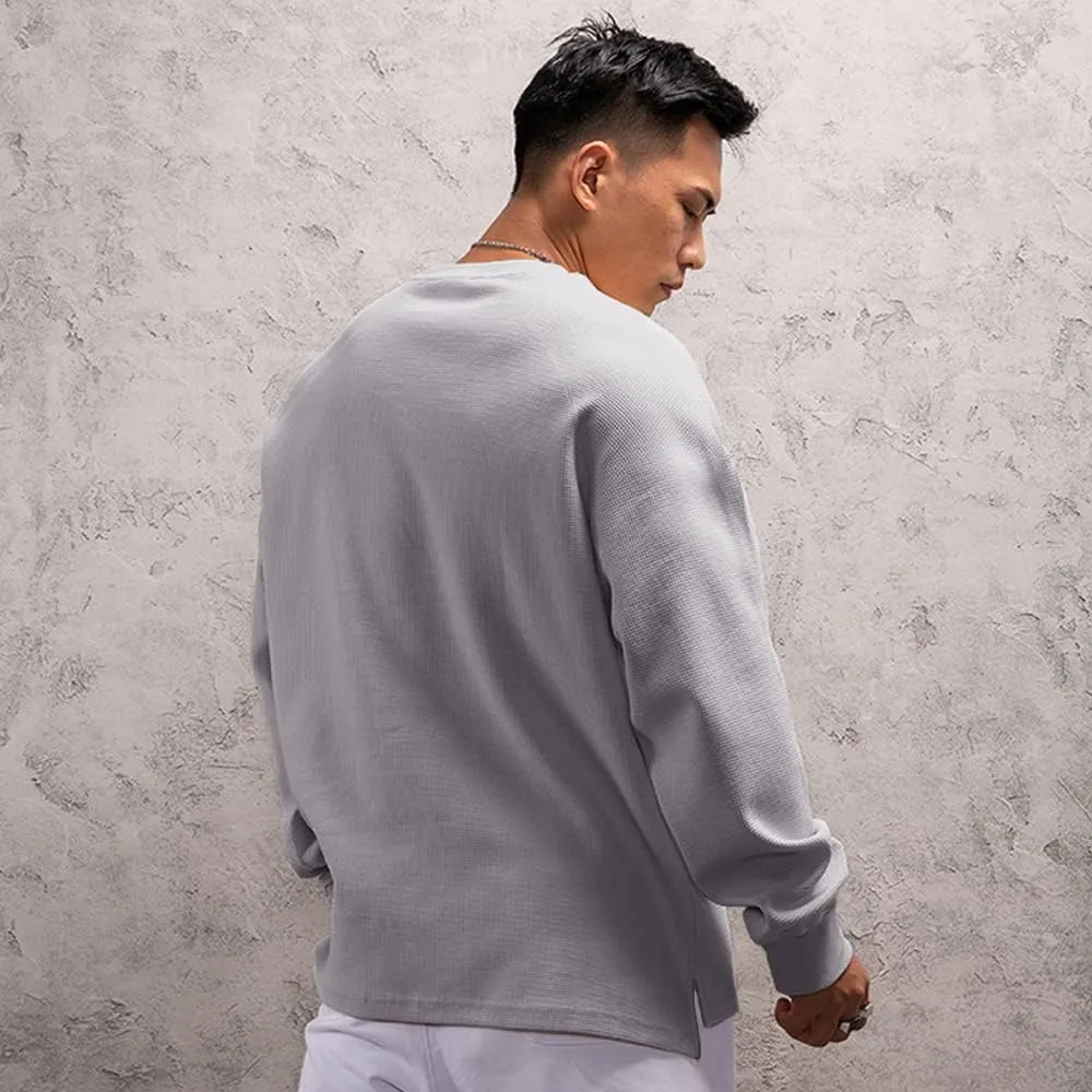 JEEING GEAR Men's Basic Long Sleeve Waffle Sweatshirt Loose Fit Workout Pullover Crewneck Shirt