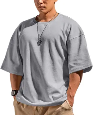 JEEING GEAR Men's Basic Long Sleeve Waffle Sweatshirt Loose Fit Workout Pullover Crewneck Shirt