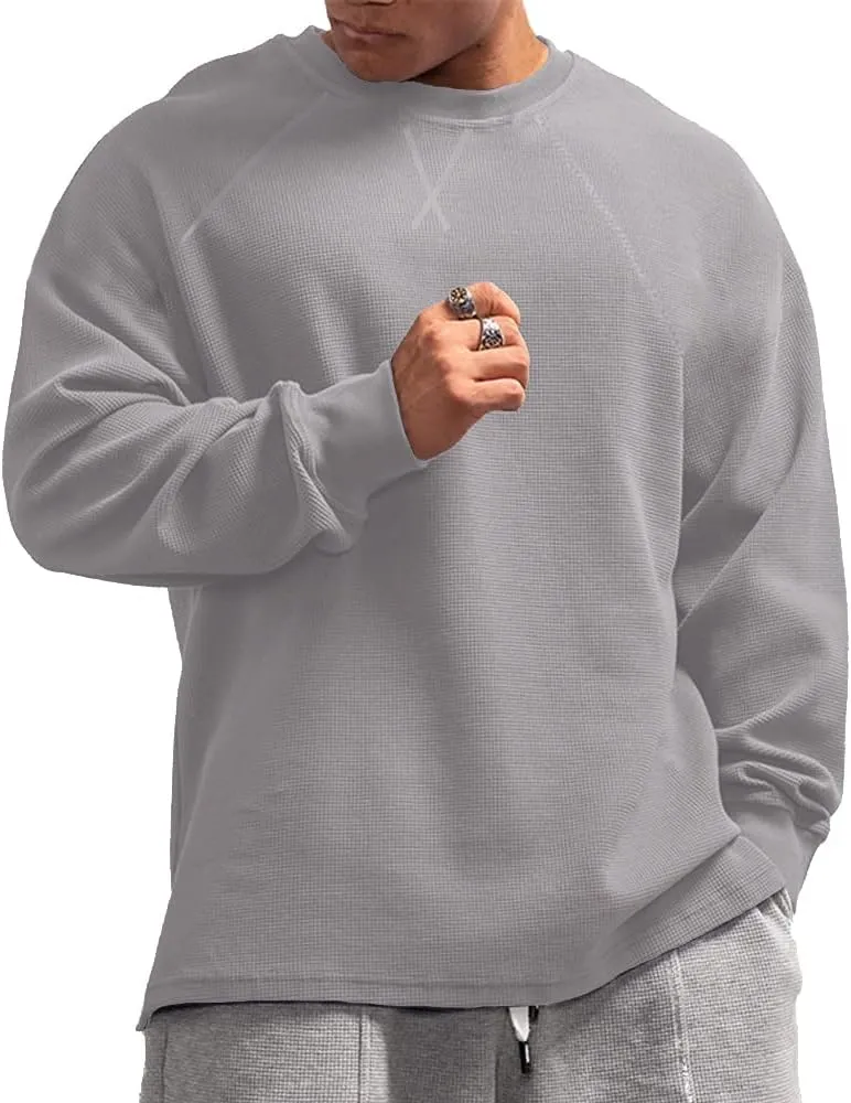 JEEING GEAR Men's Basic Long Sleeve Waffle Sweatshirt Loose Fit Workout Pullover Crewneck Shirt