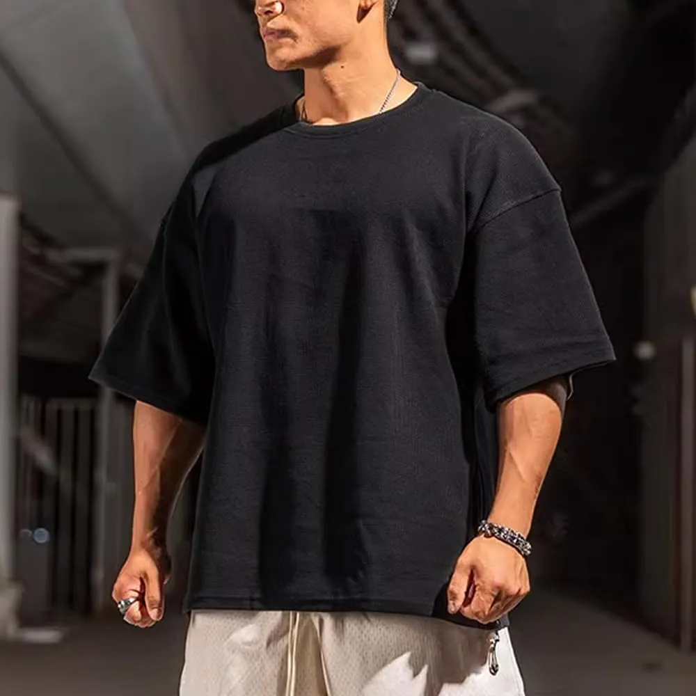 JEEING GEAR Men's Basic Long Sleeve Waffle Sweatshirt Loose Fit Workout Pullover Crewneck Shirt
