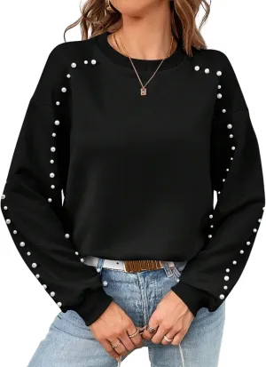 Kedera Women Oversized Long Sleeve Sweatshirt Crew Neck Embroidered Pearls Beading Lightweight Loose Pullover Tops Black