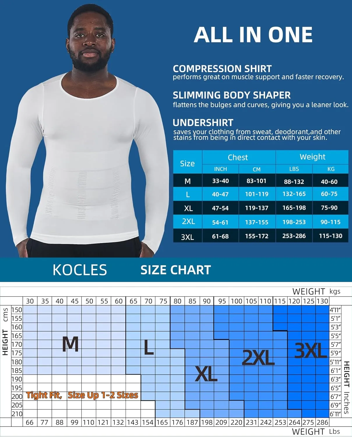 KOCLES Gynecomastia Compression Shirts for Men Long Sleeve, Slimming Body Shaper Undershirt, Tummy Control Shapewear, Workout