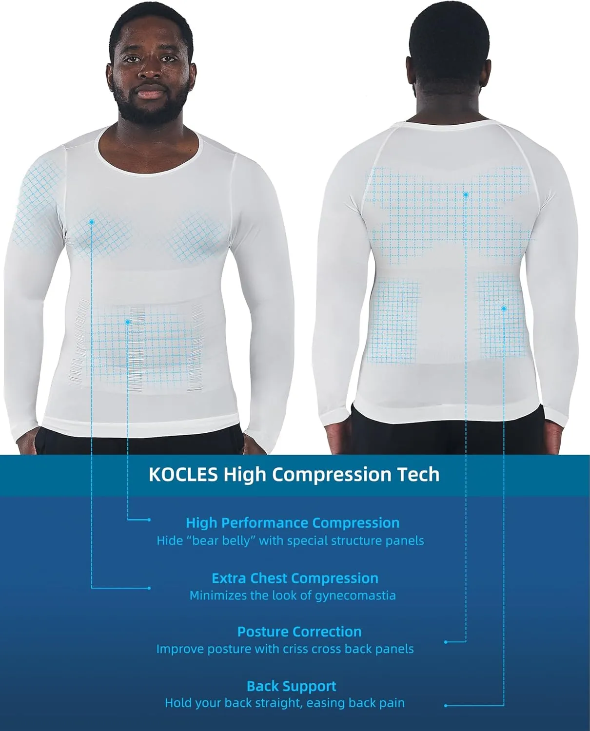 KOCLES Gynecomastia Compression Shirts for Men Long Sleeve, Slimming Body Shaper Undershirt, Tummy Control Shapewear, Workout