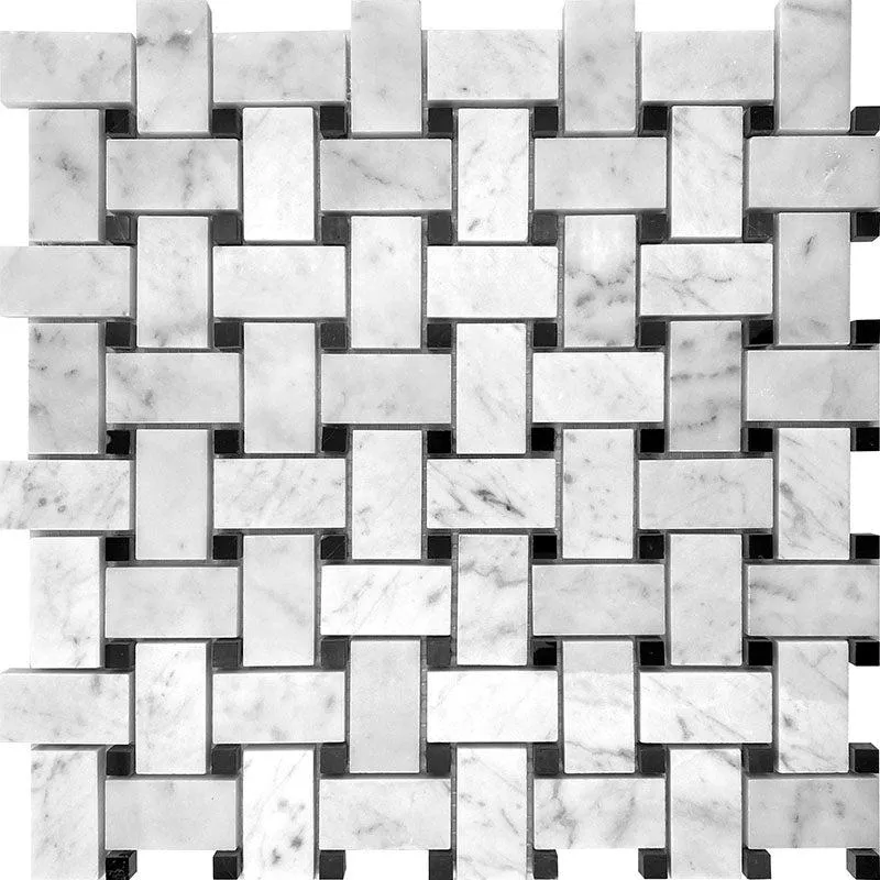 Large Carrara Basket Weave Tile with Black Dots