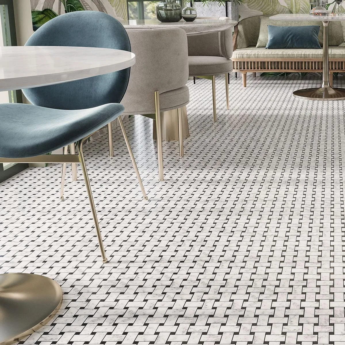 Large Carrara Basket Weave Tile with Black Dots