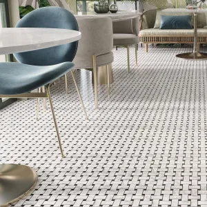 Large Carrara Basket Weave Tile with Black Dots