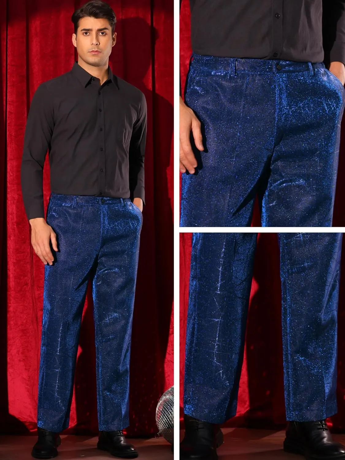 Lars Amadeus Metallic Pants for Men's Irregular Printed Straight Leg Disco Party Shiny Glitter Trouser