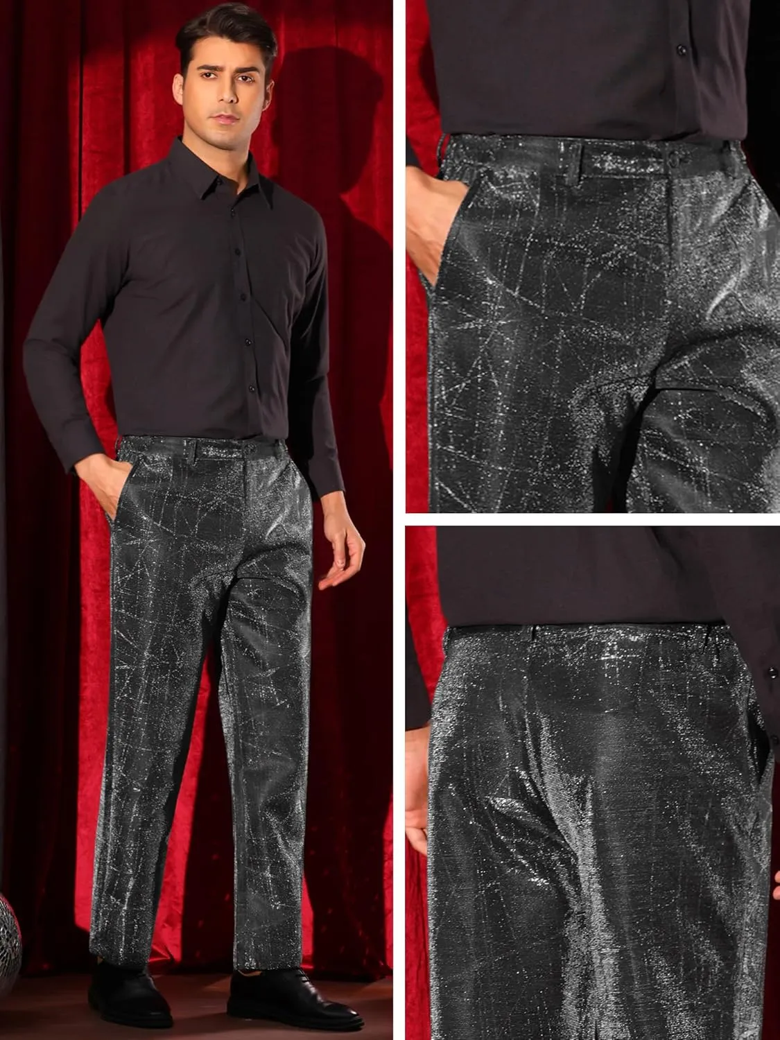 Lars Amadeus Metallic Pants for Men's Irregular Printed Straight Leg Disco Party Shiny Glitter Trouser