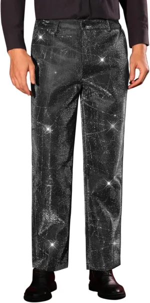 Lars Amadeus Metallic Pants for Men's Irregular Printed Straight Leg Disco Party Shiny Glitter Trouser