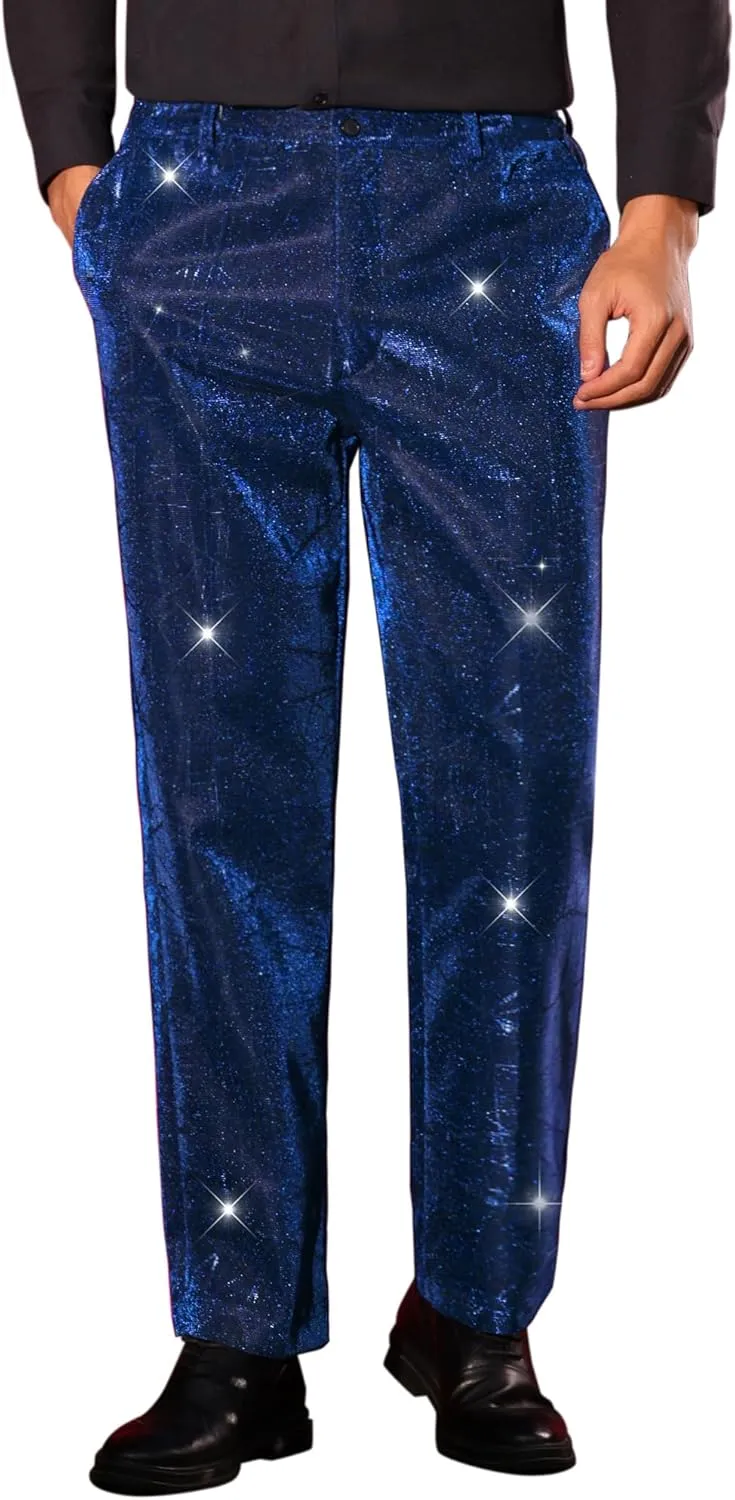 Lars Amadeus Metallic Pants for Men's Irregular Printed Straight Leg Disco Party Shiny Glitter Trouser