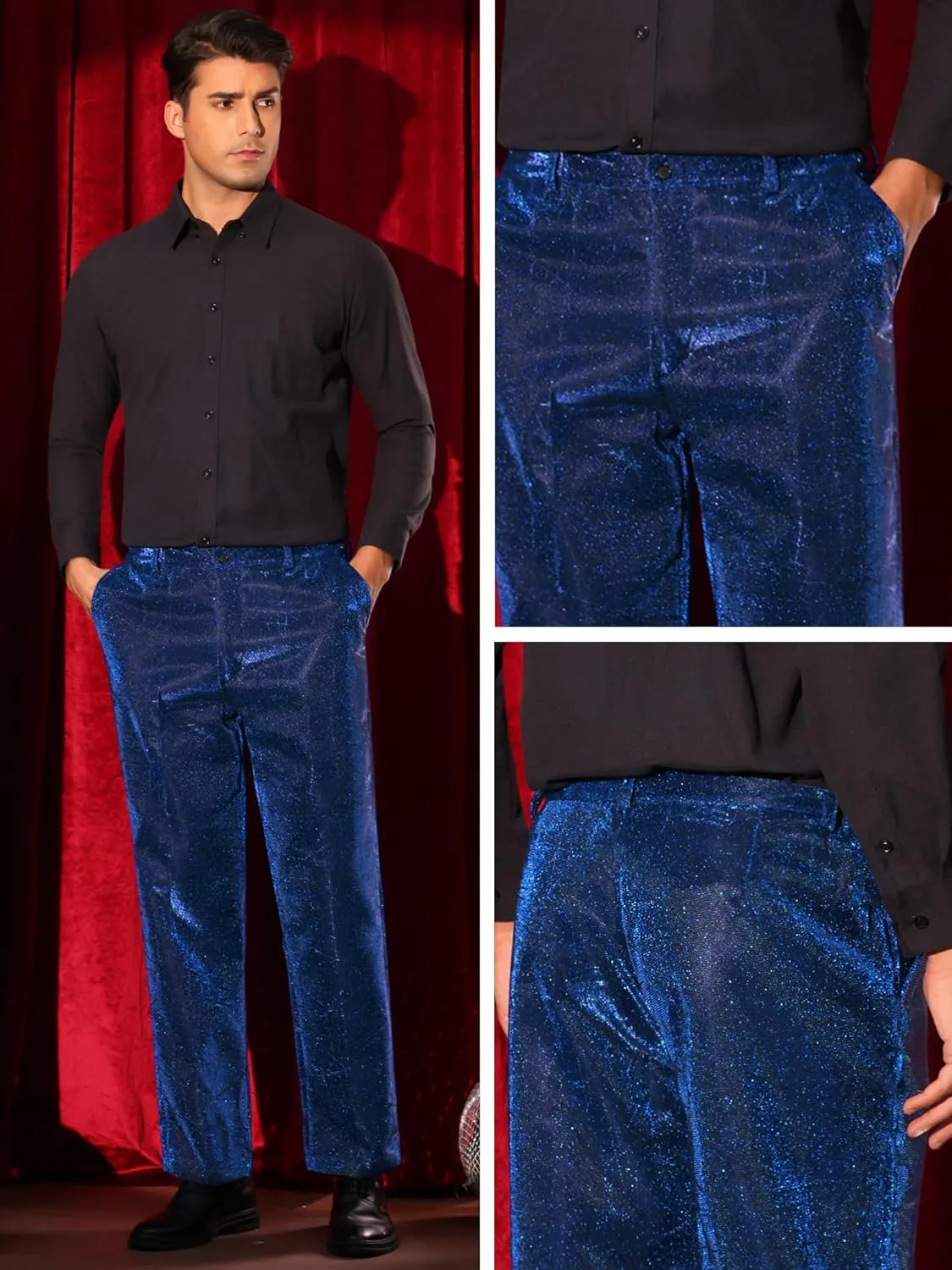 Lars Amadeus Metallic Pants for Men's Irregular Printed Straight Leg Disco Party Shiny Glitter Trouser