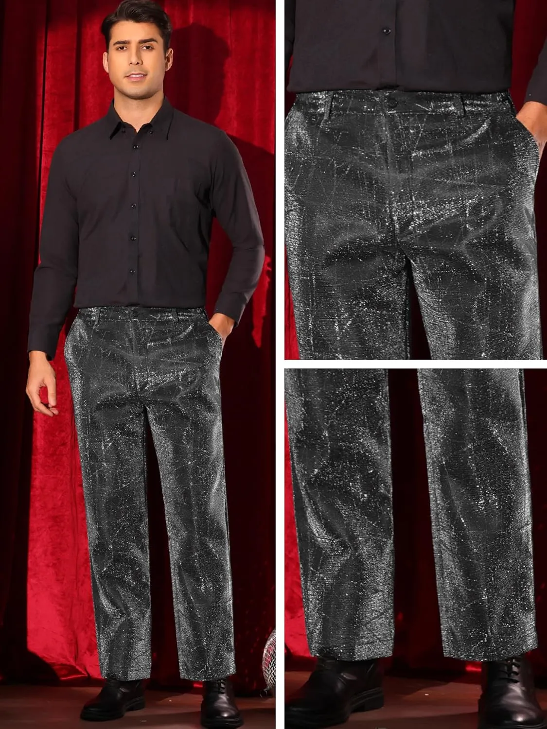 Lars Amadeus Metallic Pants for Men's Irregular Printed Straight Leg Disco Party Shiny Glitter Trouser