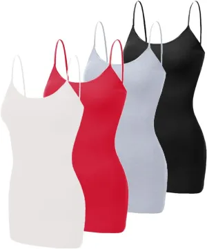 Long Camisole Tank Tops for Women - Undershirts Cami with Adjustable Spaghetti Strap 4 Pack (S-3XL)
