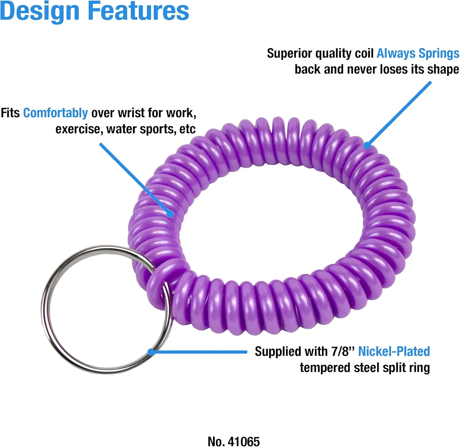 Lucky Line 2 Spiral Wrist Coil with Steel Key Ring, Flexible Wrist Band Key Chain Bracelet, Stretches to 12, Purple 1 PK (410651)
