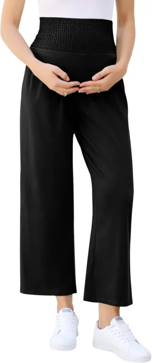 Maternity Pants Women's Smocked High Waisted Double Breasted Wide Leg Long Trousers Pregnancy Loose Lounge Sweatpants